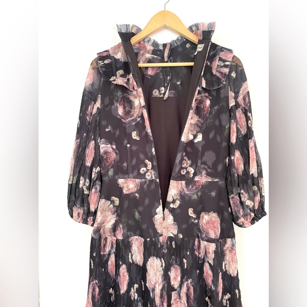 nora noh Floral Black Dress midi pleated long sleeve - Picture 11 of 11